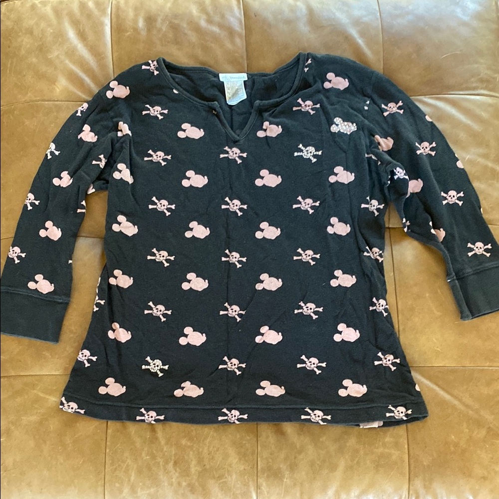 Black Disneyland Long Sleeve Top with Pink Mickey Mouse & Skull Pattern